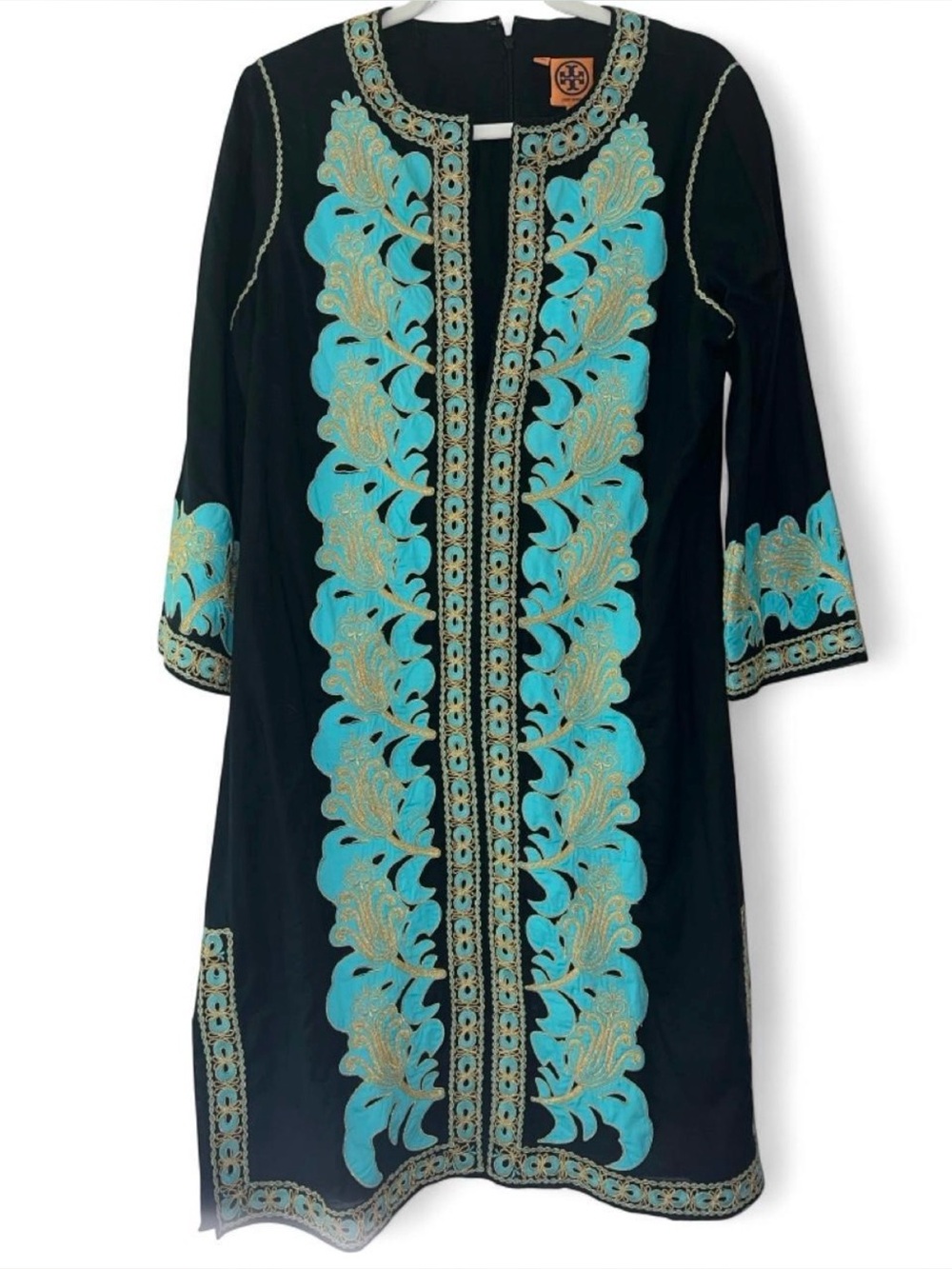 Tory Burch Black Cotton Embroidered Tunic Shift Dress Turquoise Gold Size 12